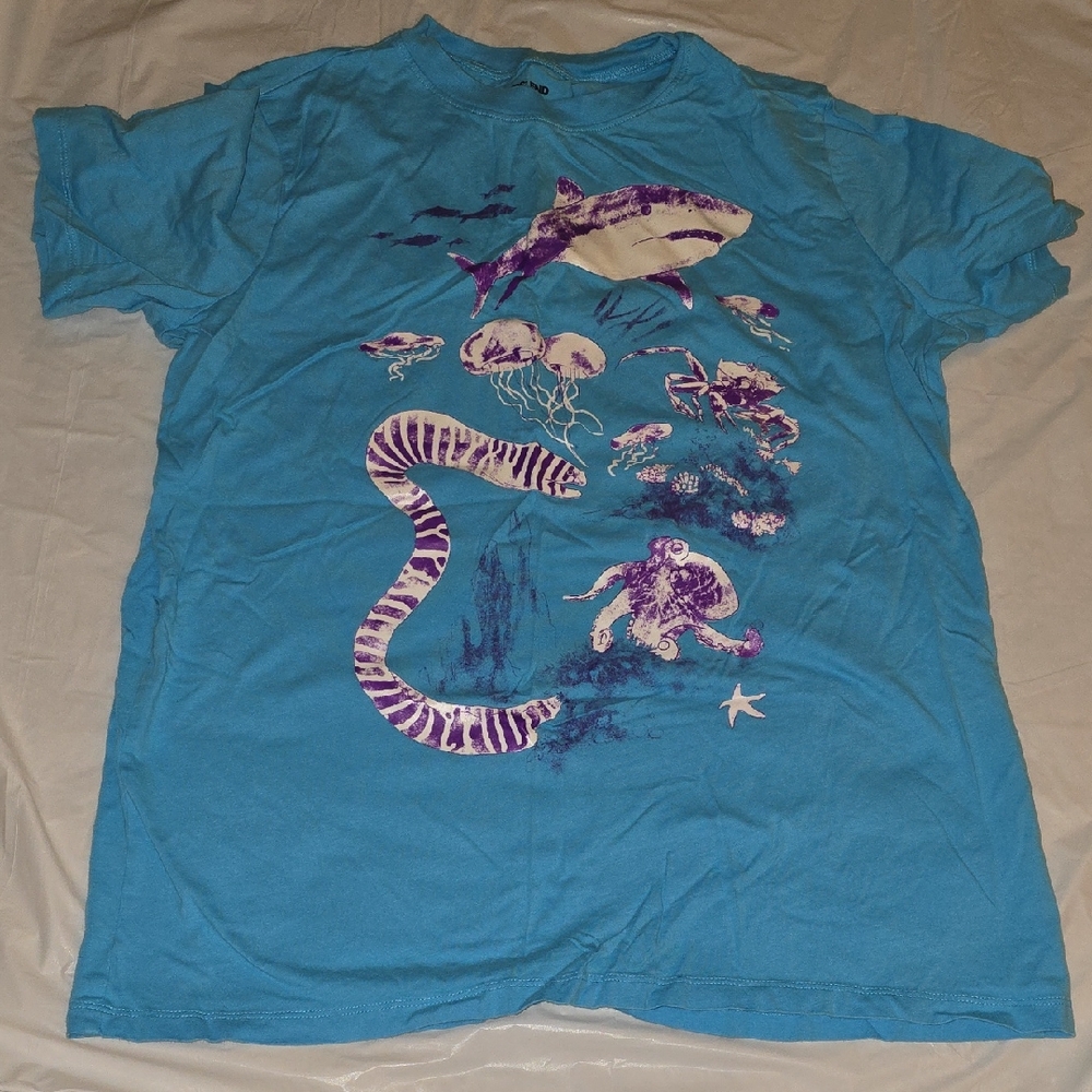 Lands End Boys Ocean Life Blue Graphic Design T-Shirt XL (18H-20H)